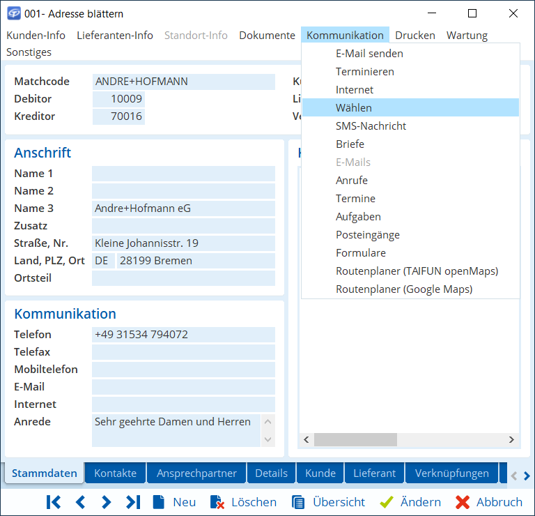 Darstellung der zentralen Adress- und Datenverwaltung in TAIFUN