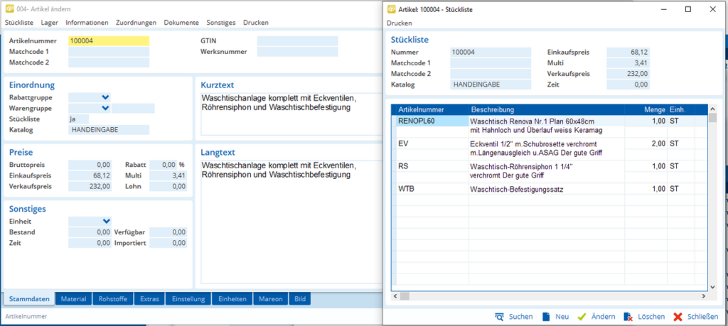 Darstellung der Stücklistenfunktion in TAIFUN