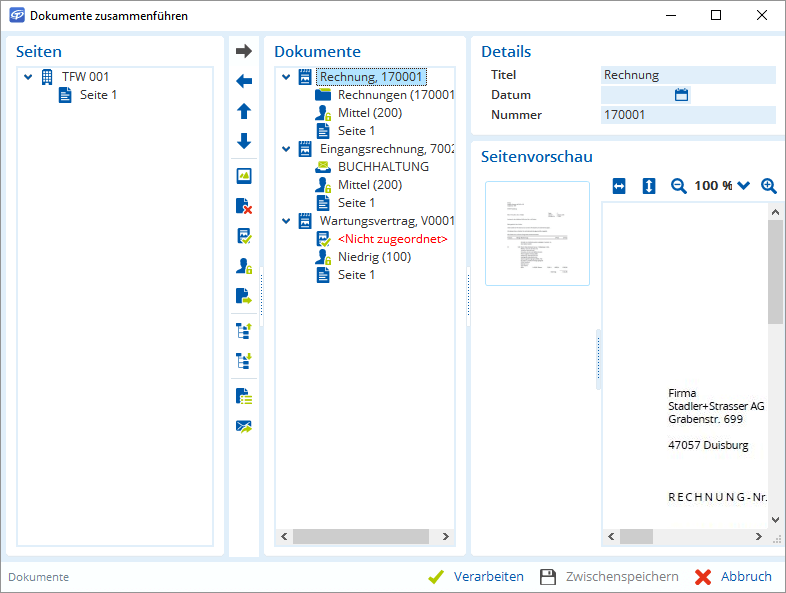 Eine Person sortiert digitale Unterlagen am Bildschirm, sieht sich dabei Seiten, Details und die Vorschau eines Dokuments an.