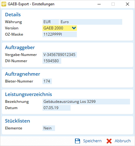 Jemand bereitet den GAEB-Export vor, prüft Projektangaben und stellt die Ausgabe ein, bevor er auf Speichern oder Abbrechen klickt.