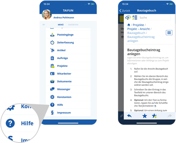 Hilfebereich in der mobilen Handwerker-App