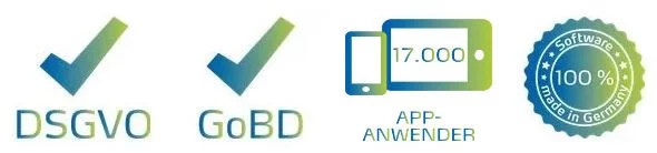 Vier Prüfsymbole zu DSGVO-, GoBD- und „Software made in Germany“-Konformität sowie 17.000 App-Anwendern.