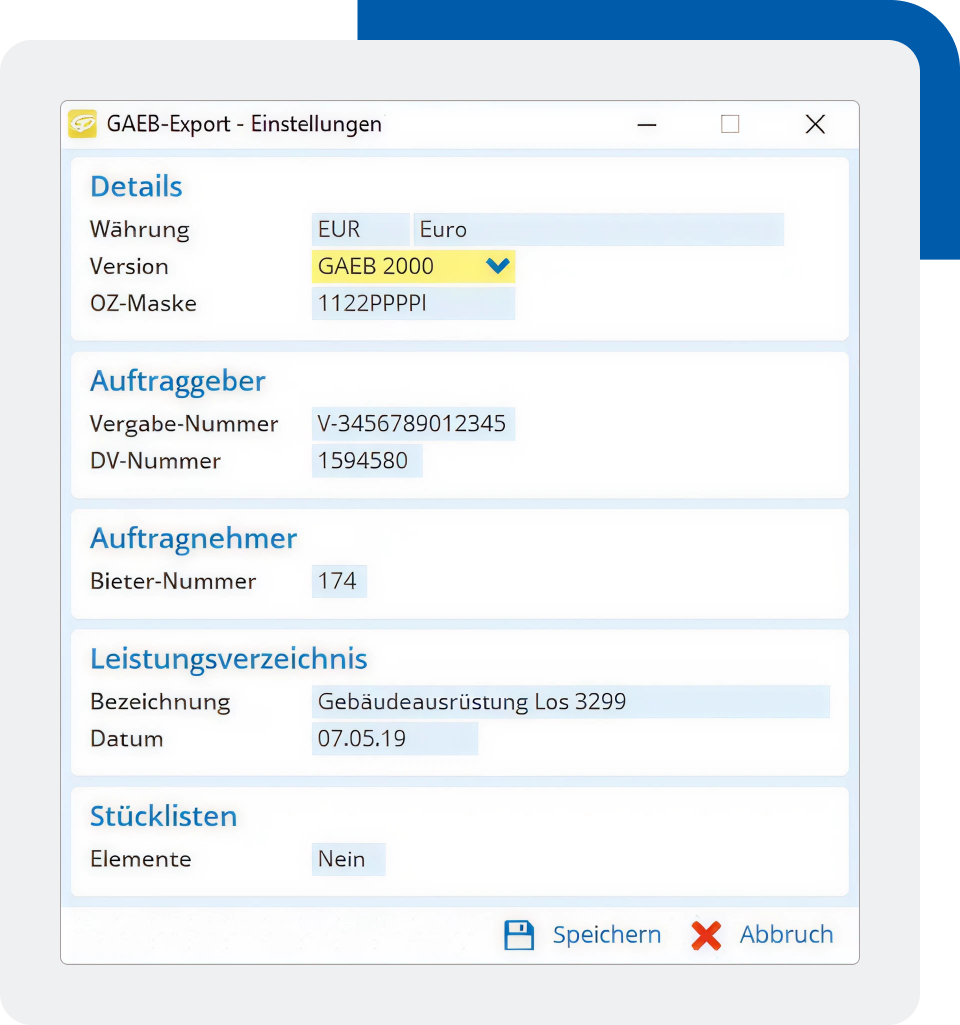 Jemand bereitet den GAEB-Export vor, prüft Projektangaben und stellt die Ausgabe ein, bevor er auf Speichern oder Abbrechen klickt.